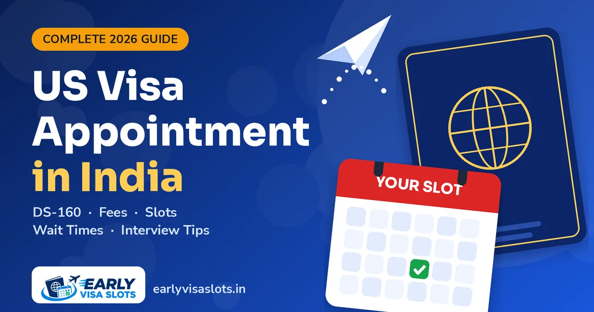 US visa appointment in India 2026 complete guide: passport with globe emblem, calendar with a confirmed slot and paper plane