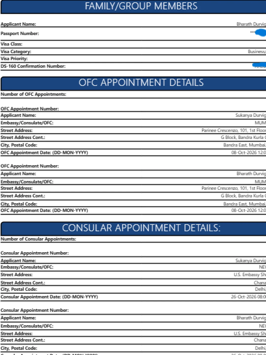 US Visa Appointment Confirmation: Mumbai and Delhi