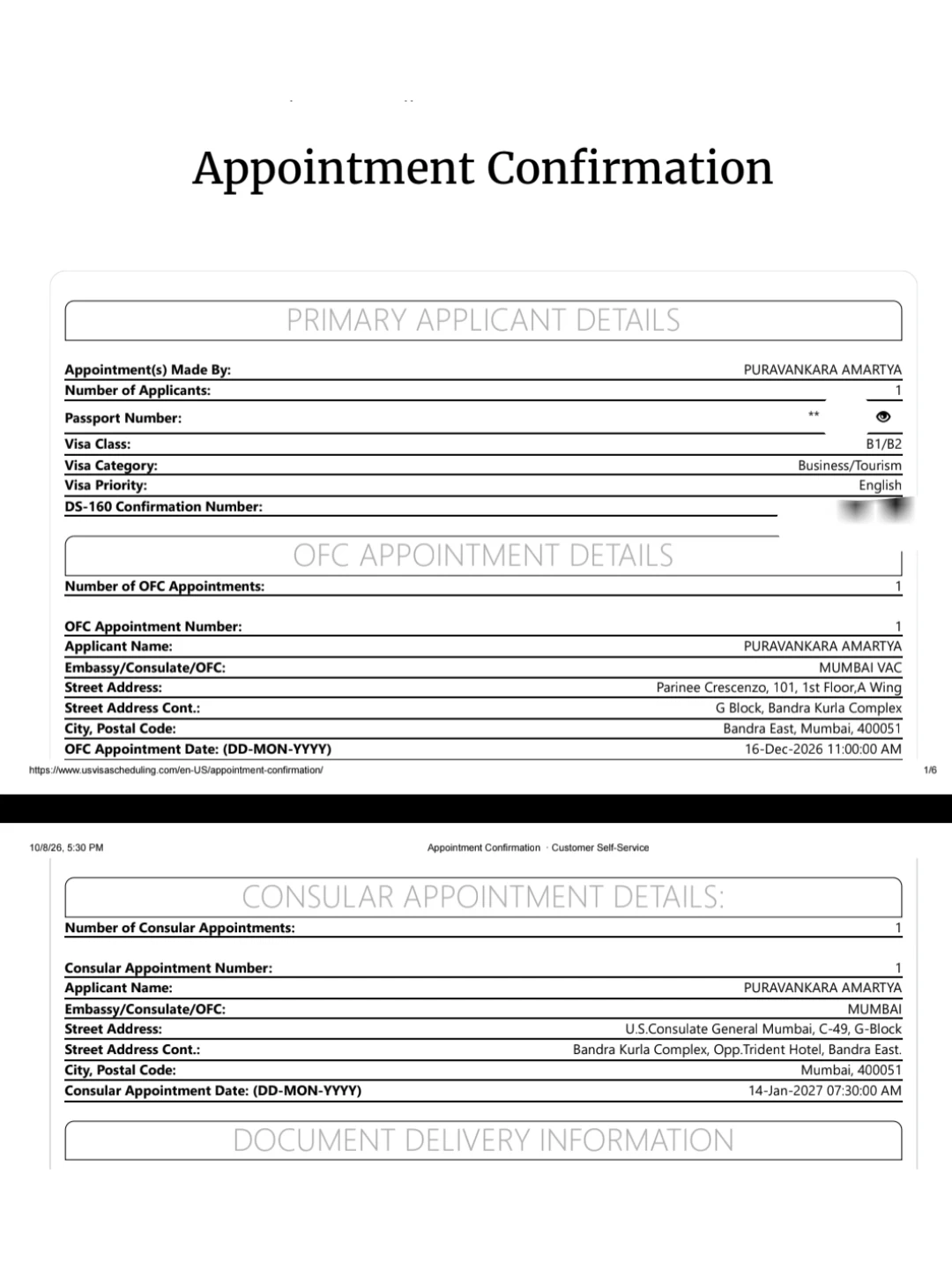 US Visa Appointment Confirmation: Mumbai Only